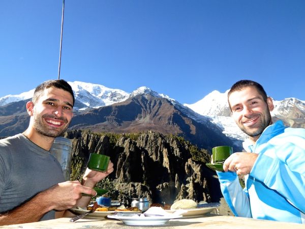 Breakfast with this beautiful view of the Himalayas at Manang village