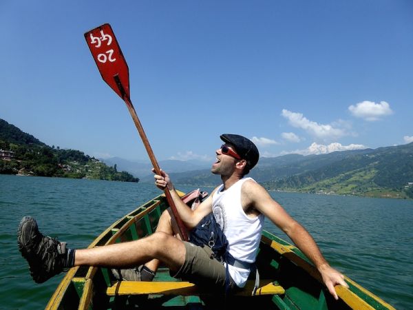 Sebastien's attempt to row our boat across Pokhara's beautiful lake