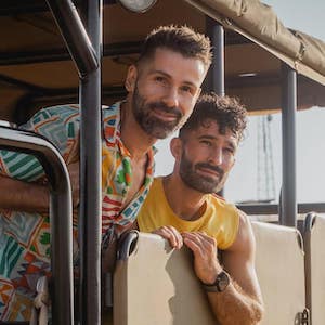 Seby and Stefan leaning out of their jeep during a safari near Johannesburg.