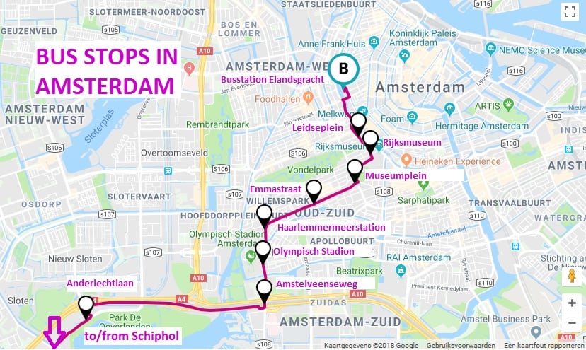 Airport Express bus route from amsterdam airport including all bus stops