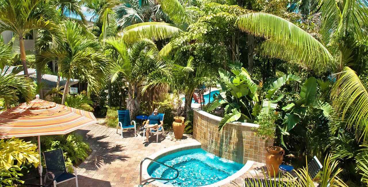 The beautiful gardens and pools at Cabanas, a gay clothing optional guesthouse in Fort Lauderdale, Florida.