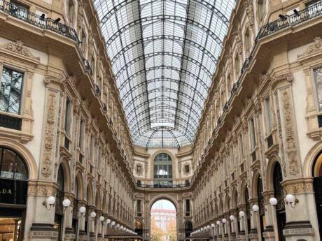 The stunning curved ceiling and arcade of Galleria Vittorio Emanuele II in Milan.