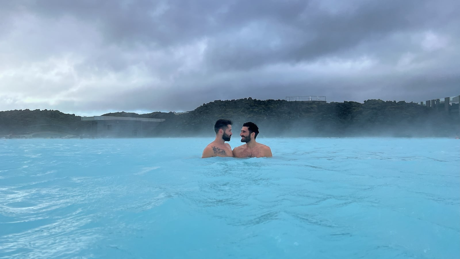 Gay couple at the Blue Lagoon in Iceland.