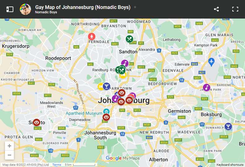 A map of Johannesburg with different colored icons on different places.