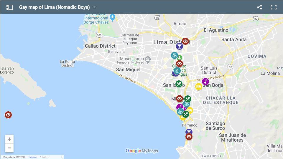 Our gay map of Lima with all the gay bars, clubs, hotels and sightseeing highlights we've mentioned in this guide