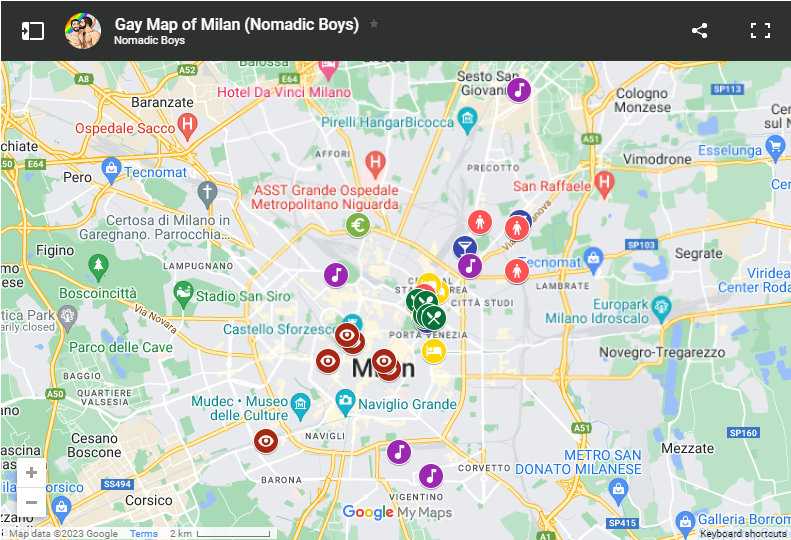 A map of Milan with places for gay visitors marked on it.