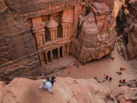 Overhead view of The Treasury building at Petra, Jordan.