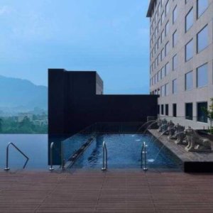 An infinity pool next to a building with lion fountains and a mountain in the background.