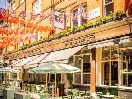 View of the terrace of Ku Bar, a delightful gay bar in London.