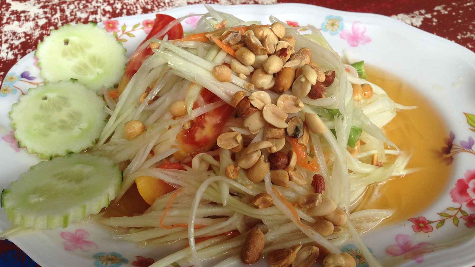 Tam mak hoong is a spicy papaya salad you can find at street food markets in Laos