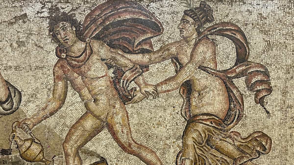 Mosaic of woman chasing naked man at the Cirta National Museum in Constantine.