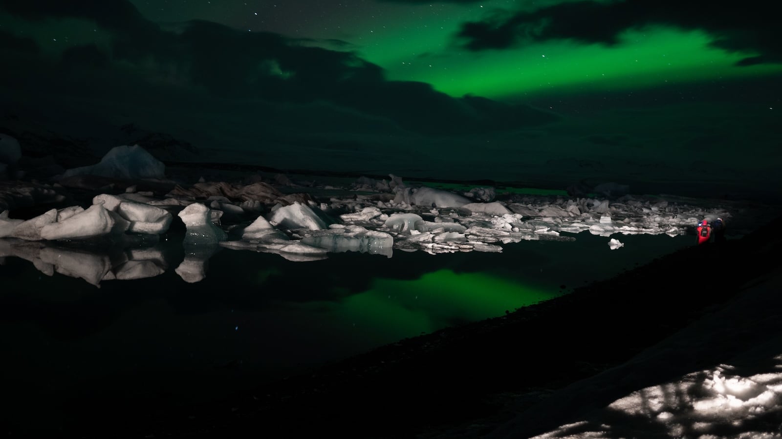 The Northern Lights over Diamond Beach in Iceland.