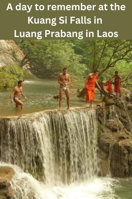 Pinterest image for our day to remember at the Kuang Si Falls in Luang Prabang in Laos.