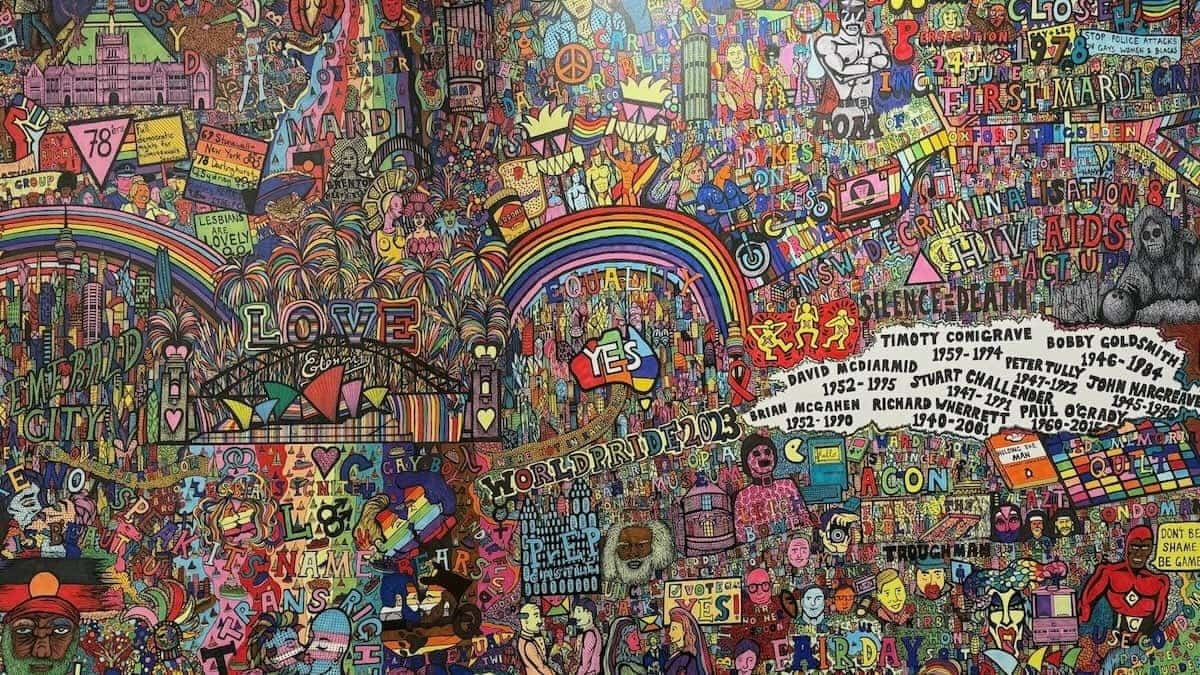 Beautiful art mural at the QTOPIA Sydney queer museum.