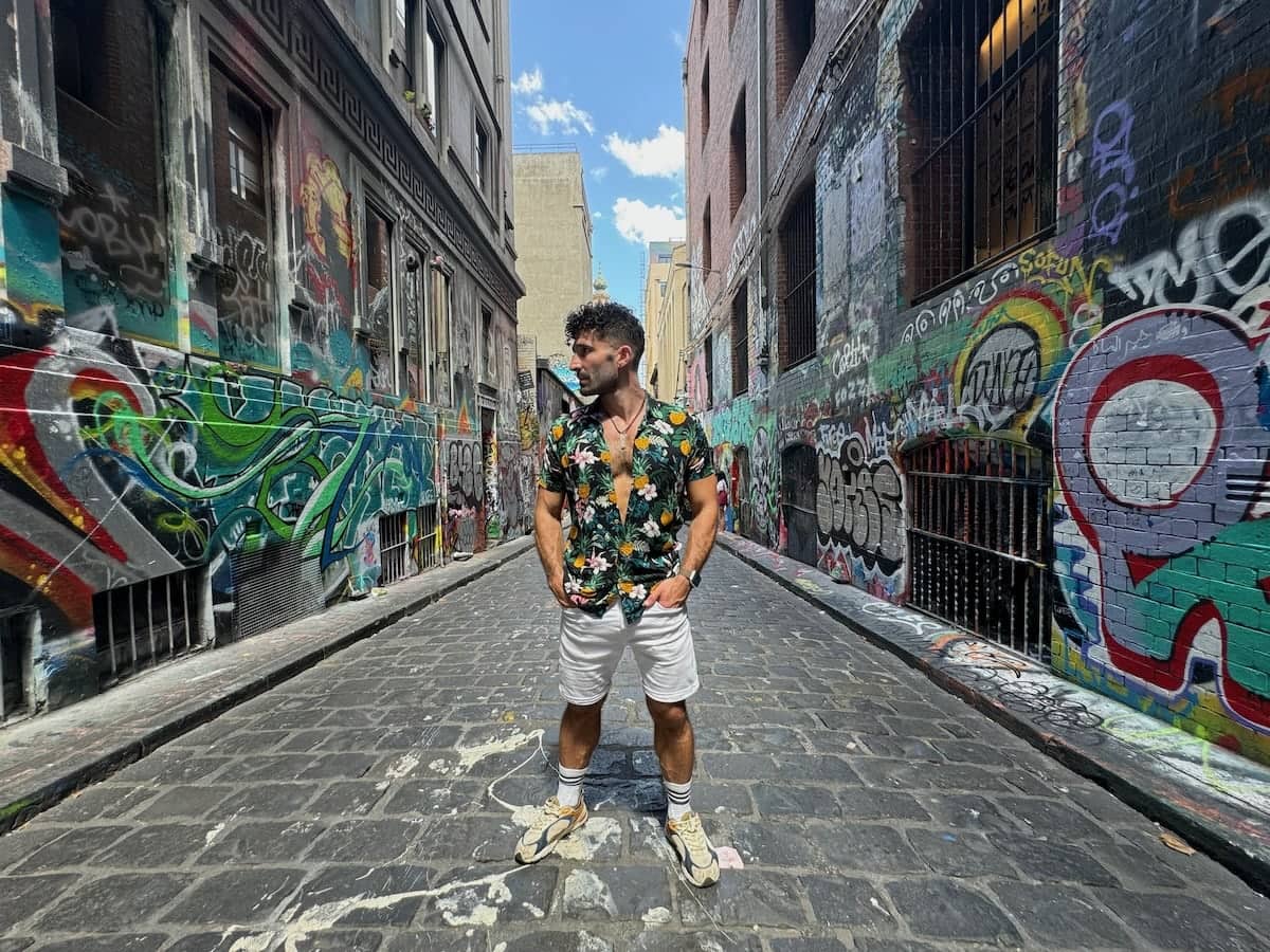 Stefan posing on the ACDC Lane street art road in Melbourne.