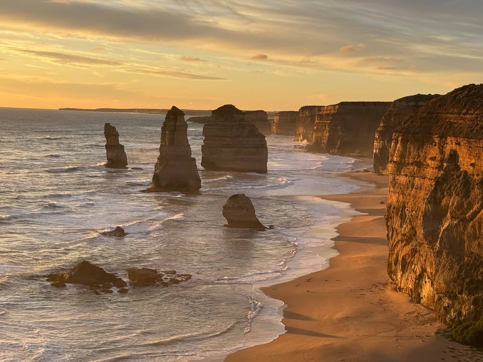 The impressive Twelve Apostles at sunset.